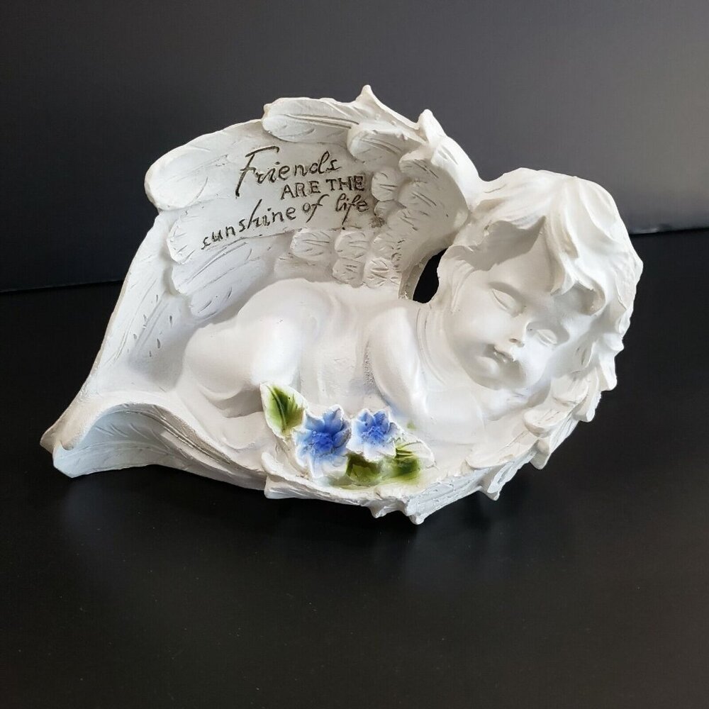 Set Of 2 White Sleeping Angel Cherub Figurines Wings Blue Flowers Friend Gift